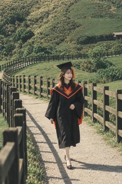 碩士黑袍與橘色披肩，擎天崗 AI 生成示意照