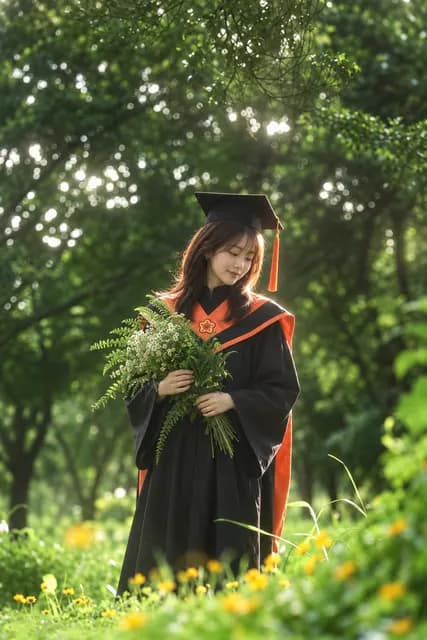碩士黑袍與橘色披肩，森林黃花草地 AI 生成示意照