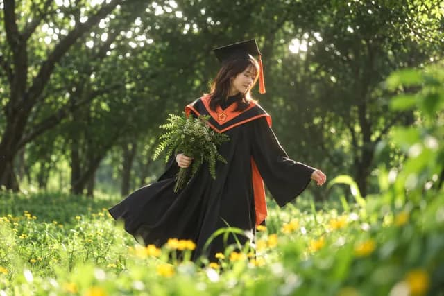 碩士黑袍與橘色披肩，森林黃花草地 AI 生成示意照