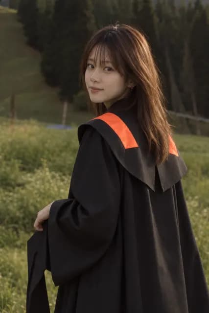 學士黑袍與橘色披肩，森林草地 AI 生成示意照