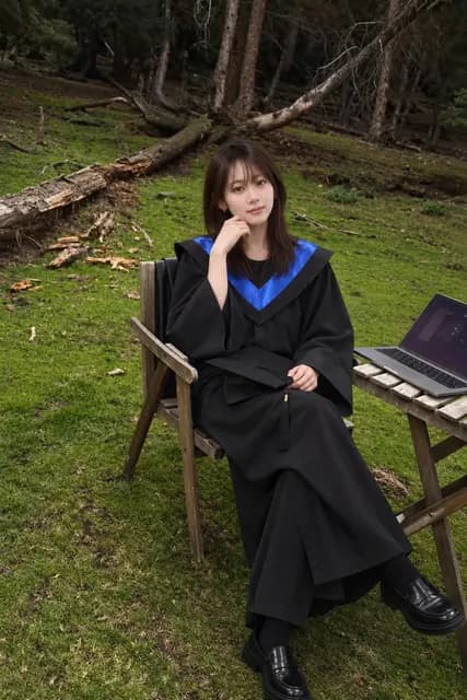 學士黑袍與深藍色披肩，森林草地 AI 生成示意照