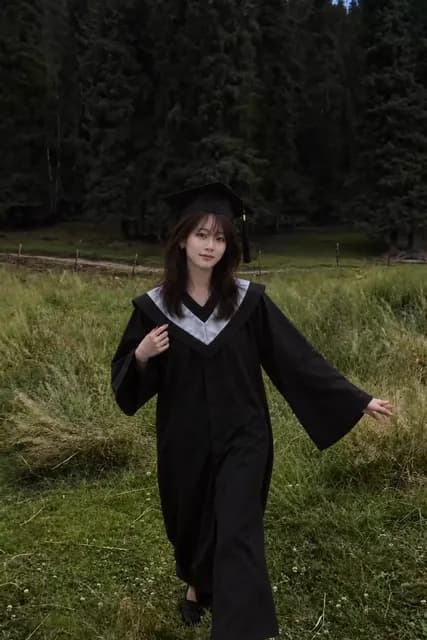 學士黑袍與銀灰色披肩，森林草地 AI 生成示意照