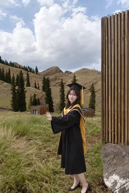 碩士黑袍與金黃色披肩，森林草地 AI 生成示意照