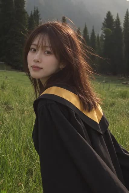 學士黑袍與金黃色披肩，森林草地 AI 生成示意照
