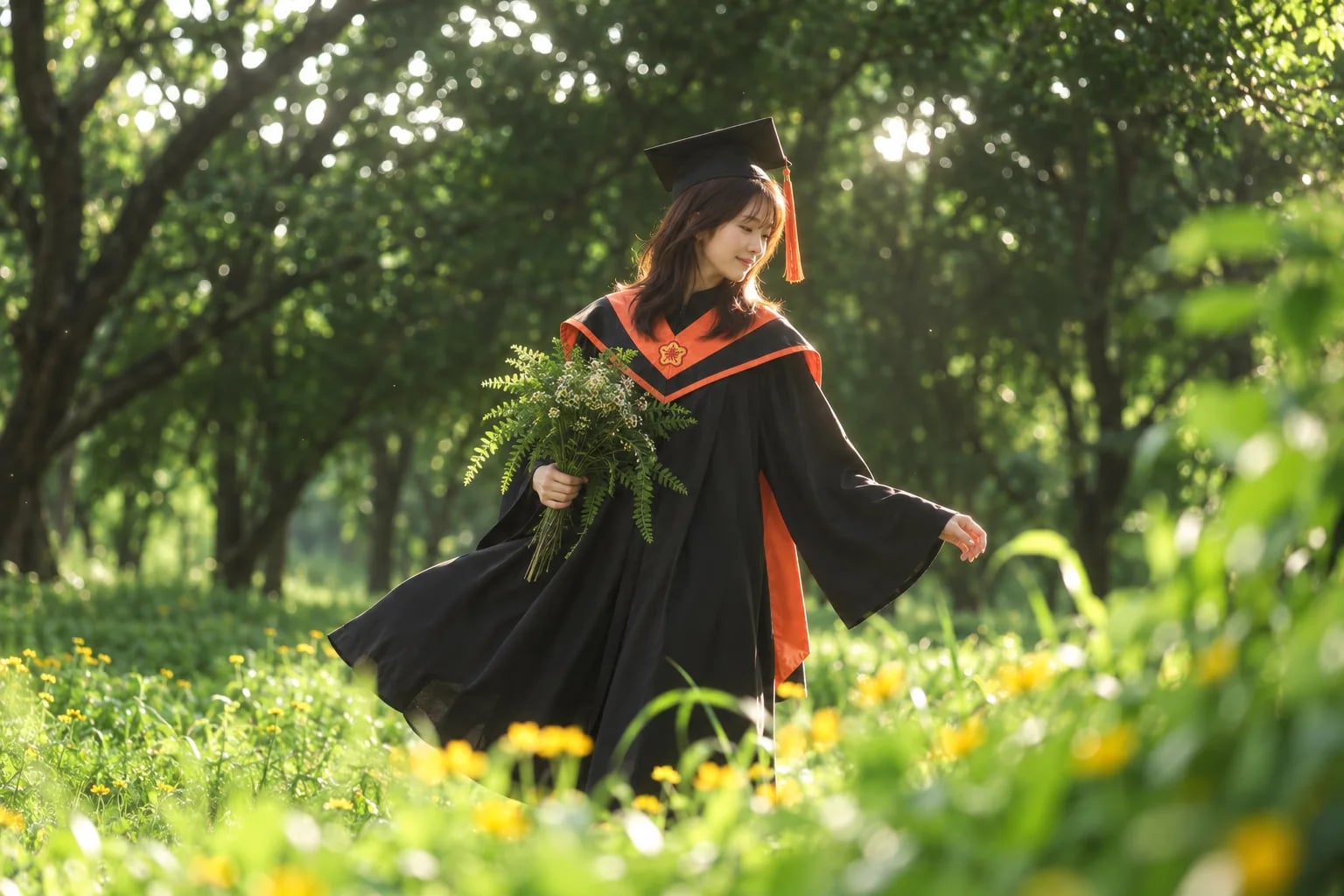 碩士黑袍與橘色披肩，森林黃花草地 AI 生成示意照